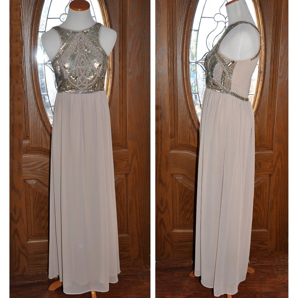 River Island Nude Beaded Sequin Chiffon Formal Evening Gown Size 8